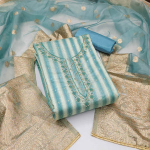 Blue Woven Banarasi Silk Dress Material