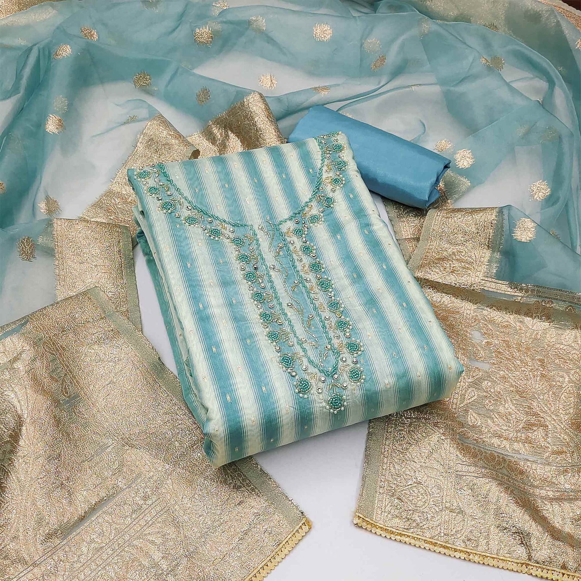 Blue Woven Banarasi Silk Dress Material