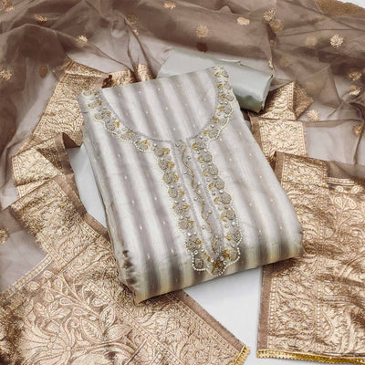 Grey Woven Banarasi Silk Dress Material