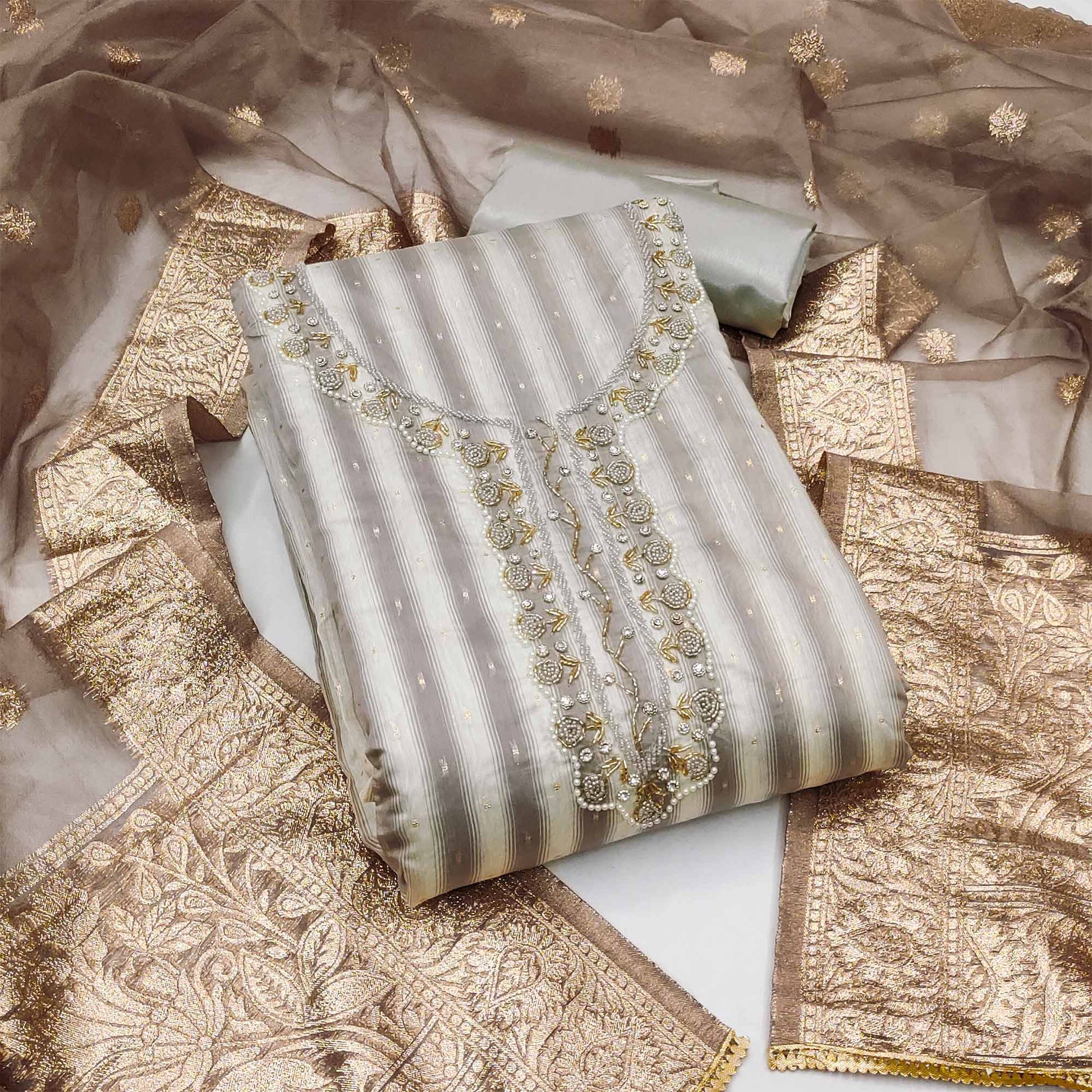 Grey Woven Banarasi Silk Dress Material