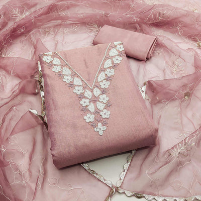 Mauve Embroidered Moti Work Pure Cotton Dress Material