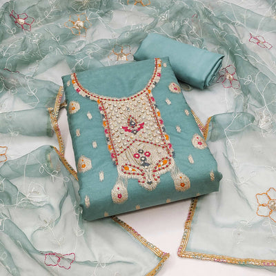 Blue Woven With Handwork Organza Dress Material