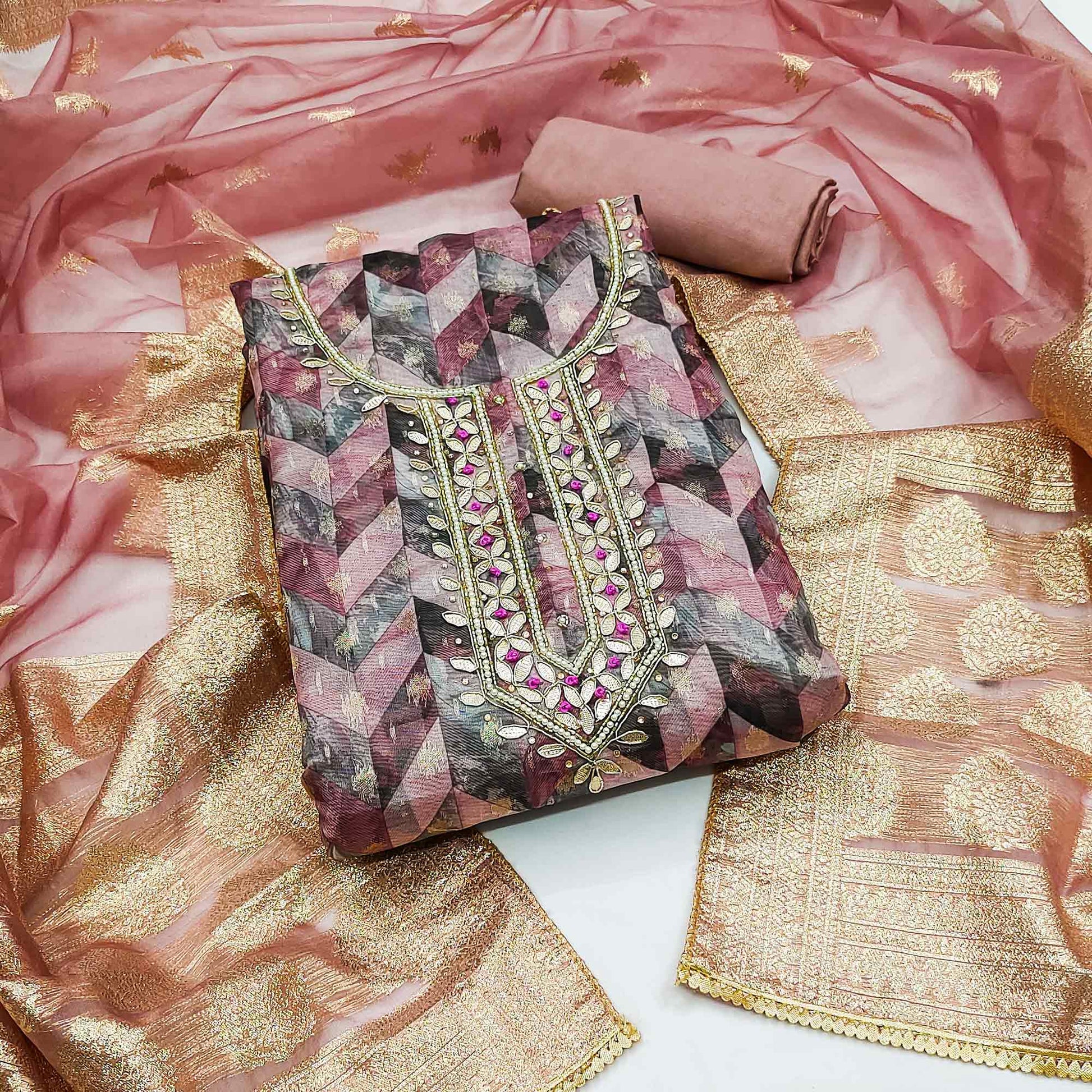 Mauve Digital Printed With Woven Organza Dress Material