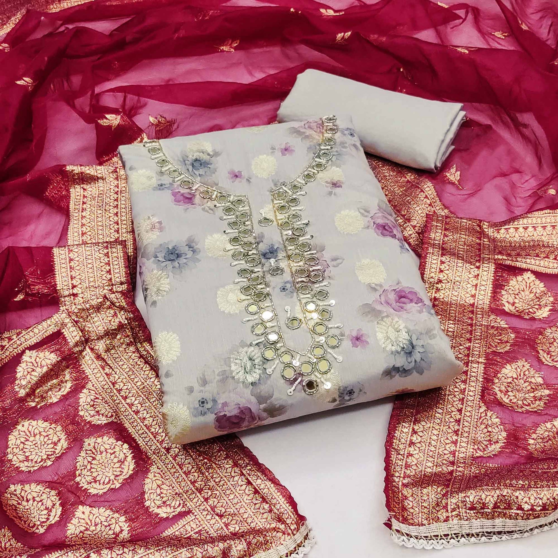 Grey Woven With Digital Printed Chanderi Silk Dress Material