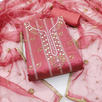 Gajri Pink Foil Printed Chanderi Silk Dress Material