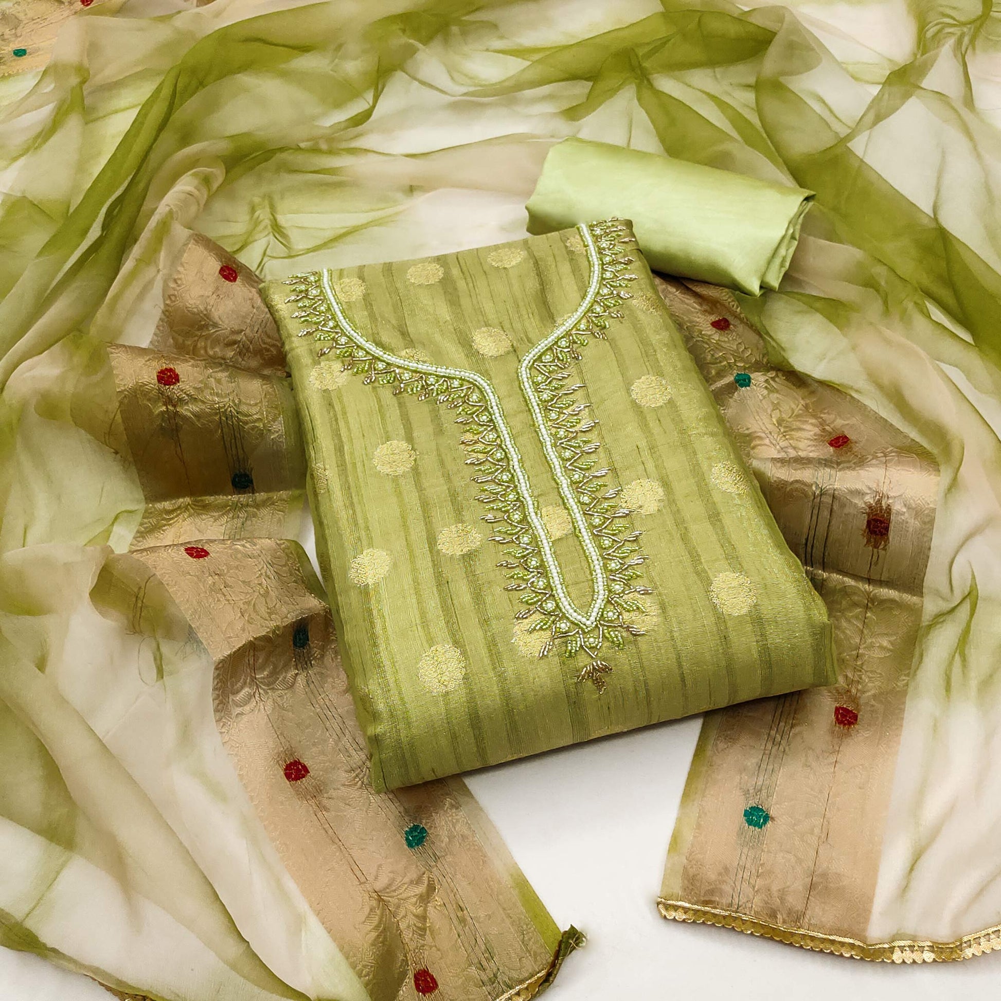 green-woven-chanderi-silk-dress-material