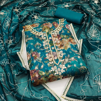 Morpich Floral Digital Printed With Moti Work Organza Dress Material