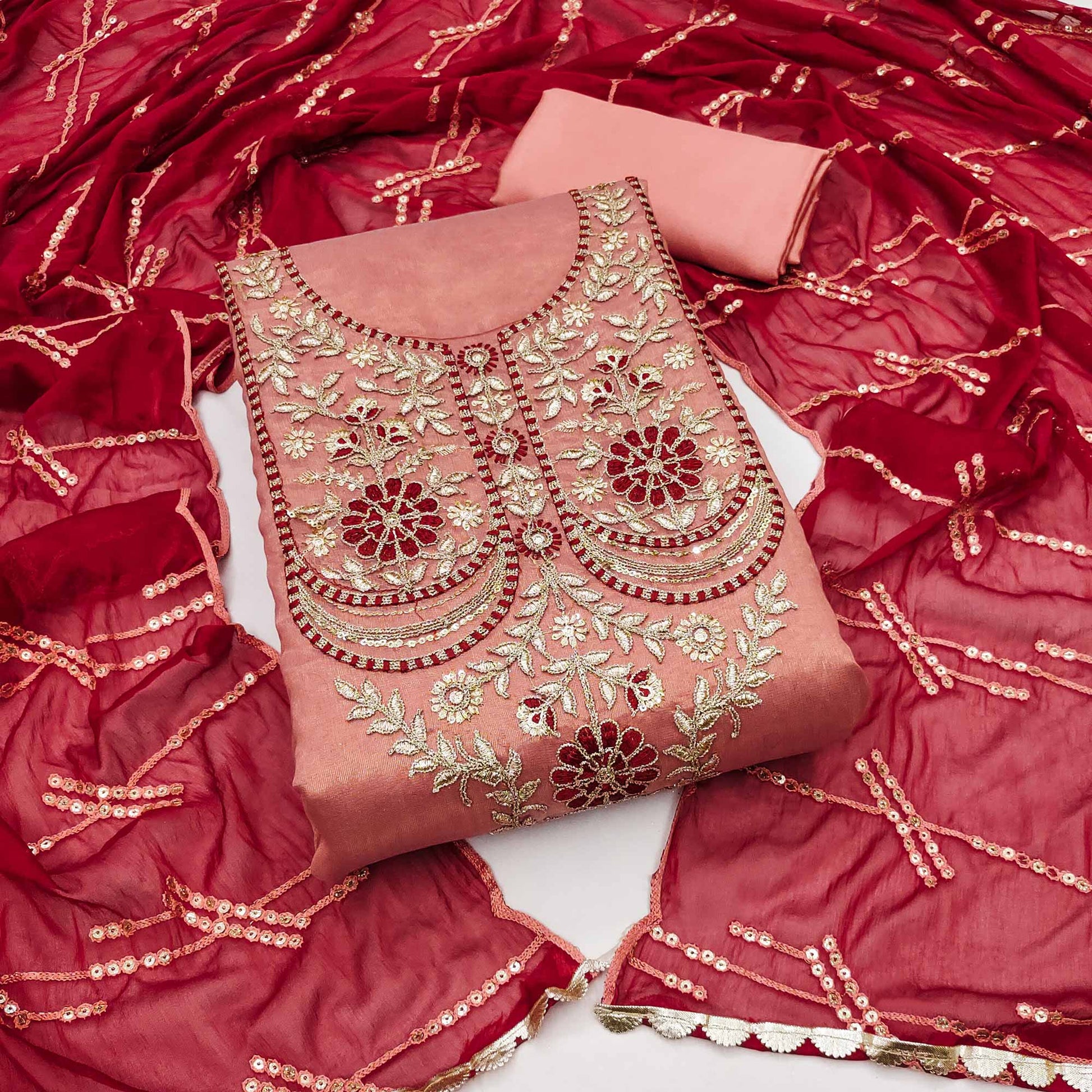 Dark Peach Embroidered Viscose Dress Material