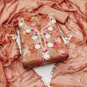 Dark Peach Woven Chanderi Silk Dress Material