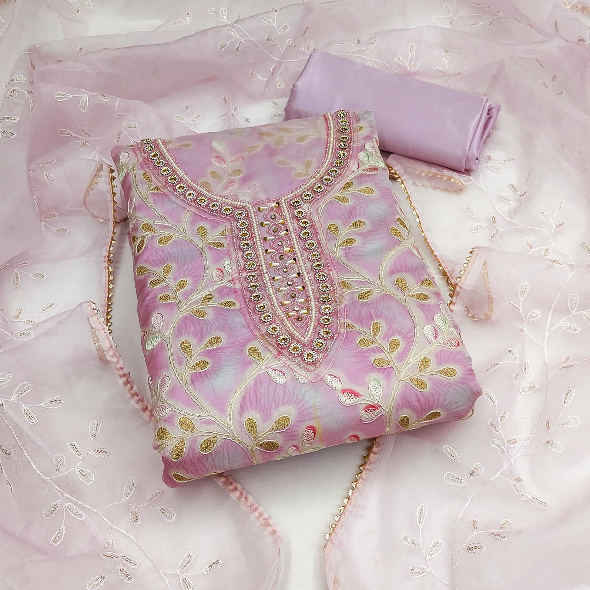 Light Purple Embroidered Organza Dress Material