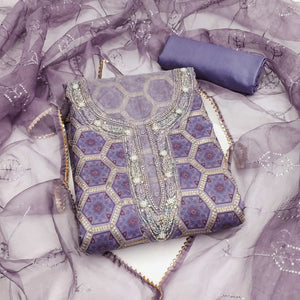 Lavender Printed Organza Dress Material