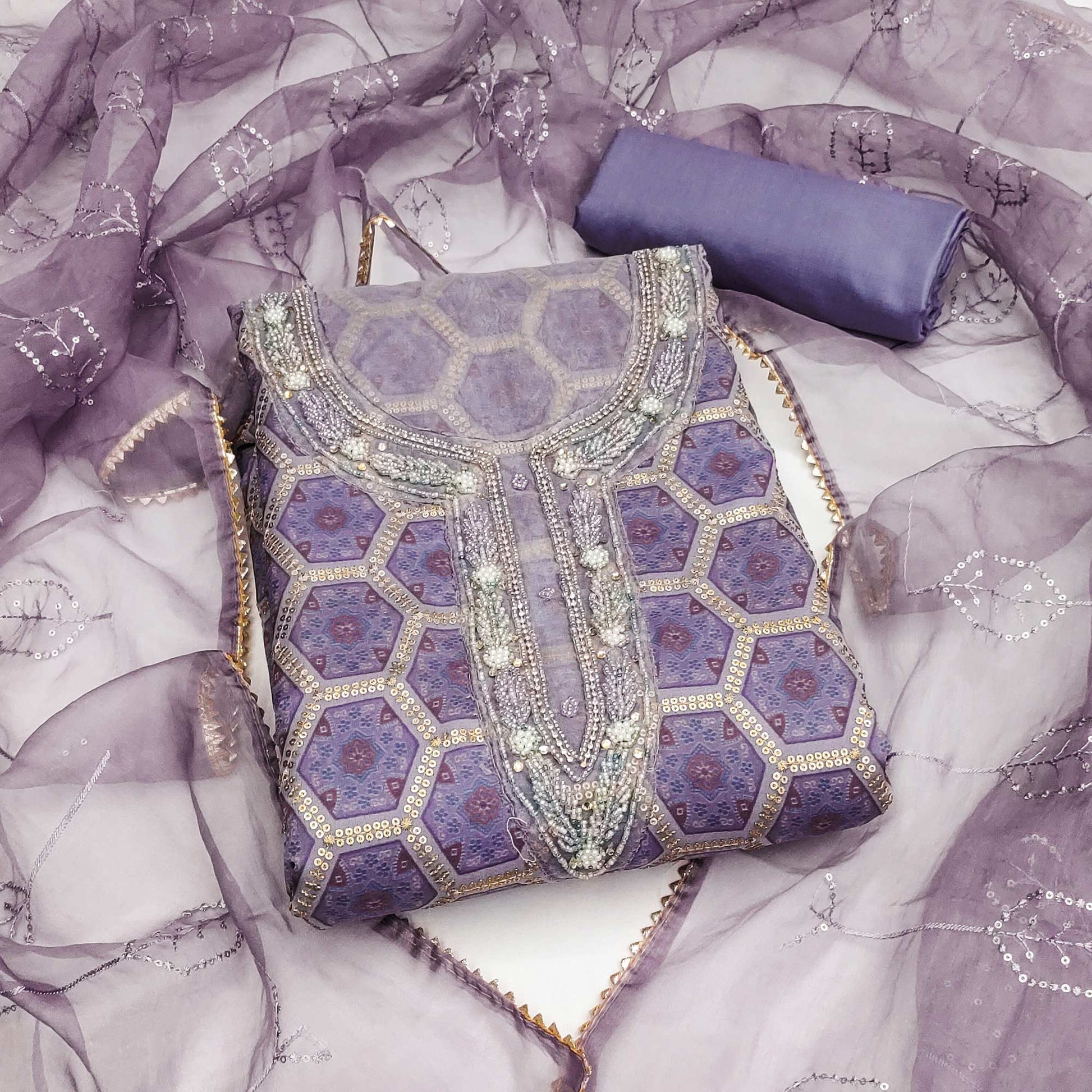 Lavender Printed Organza Dress Material