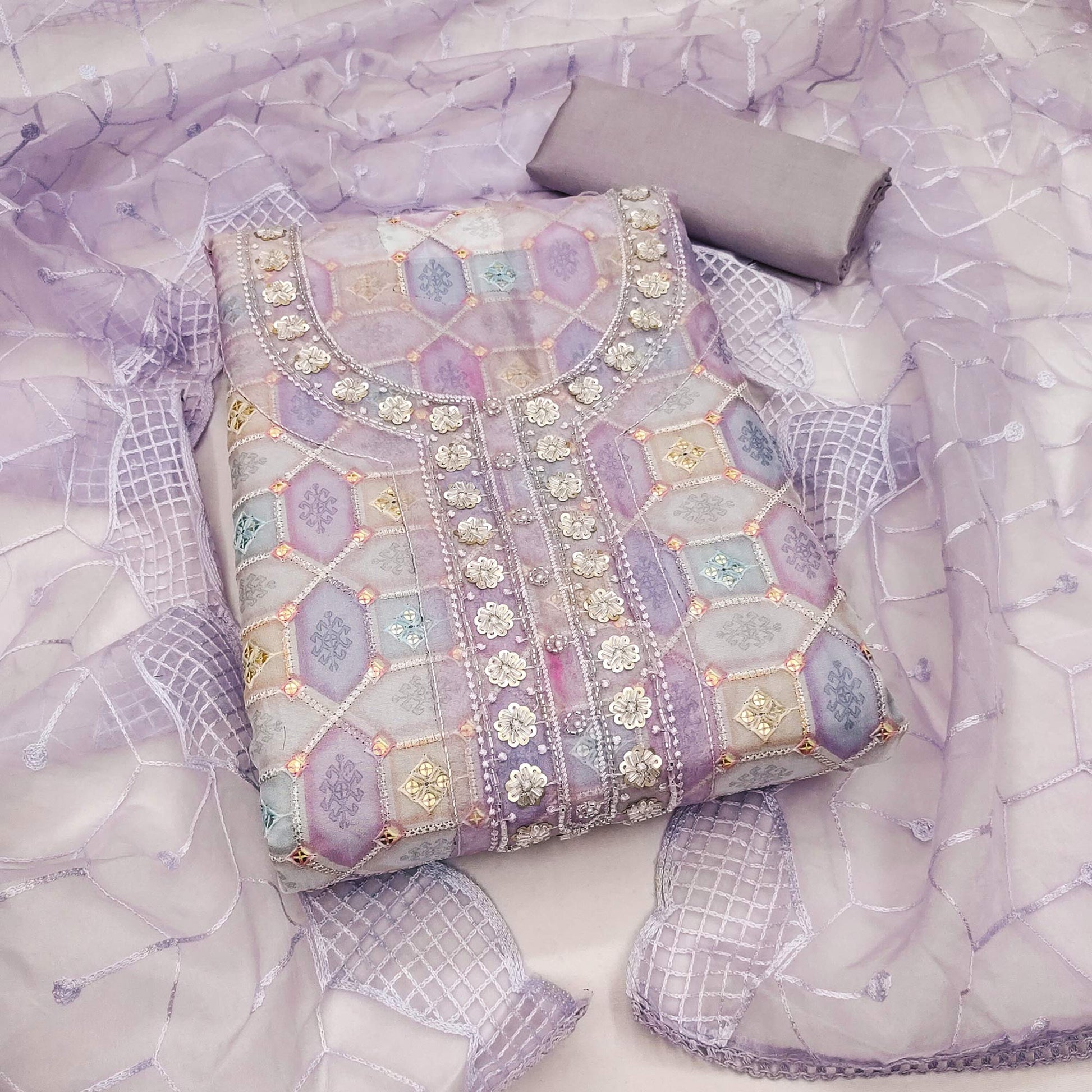 Light Lavender Sequins Embroidered Organza Dress Material