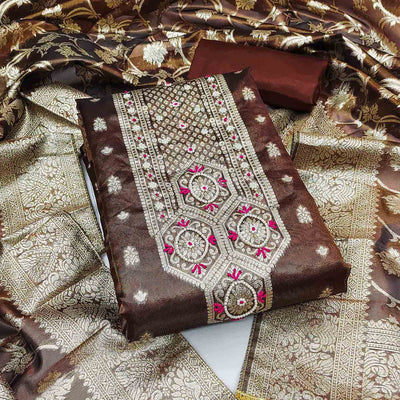 Dark Brown Woven Banarasi Silk Dress Material