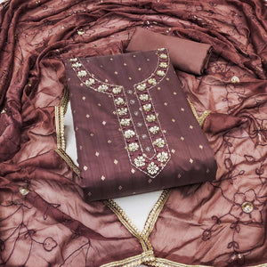 Brown Woven Chanderi Silk Dress Material