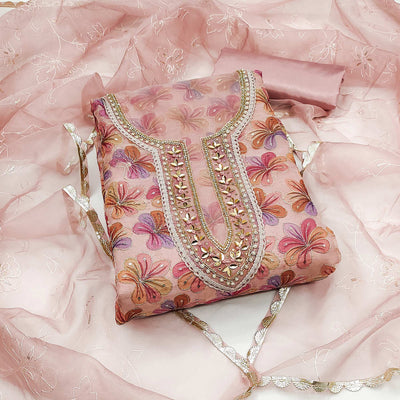 Light Mauve Sequins Embroidered Organza Dress Material