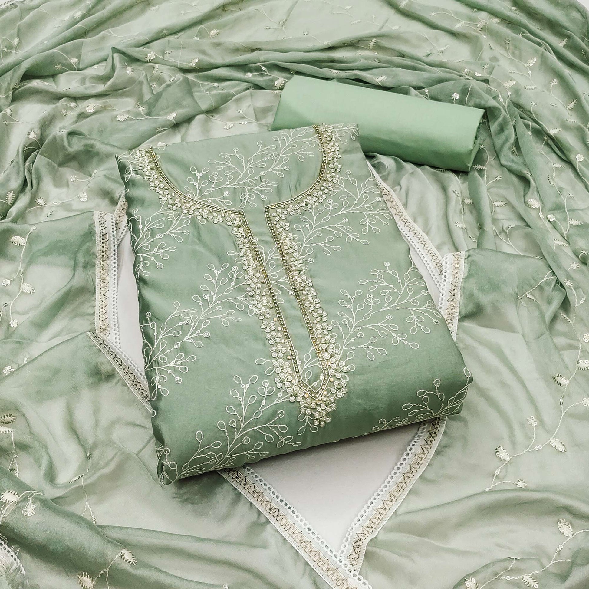 Dusty Green Embroidered Cotton Blend Dress Material