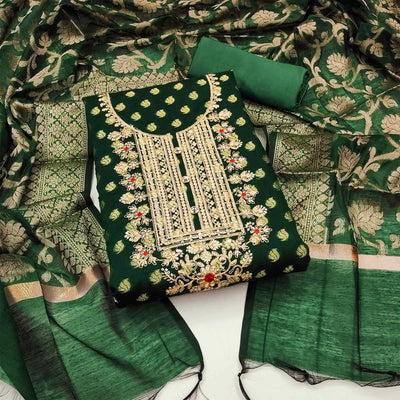 green-woven-with-embroidered-banarasi-silk-dress-material