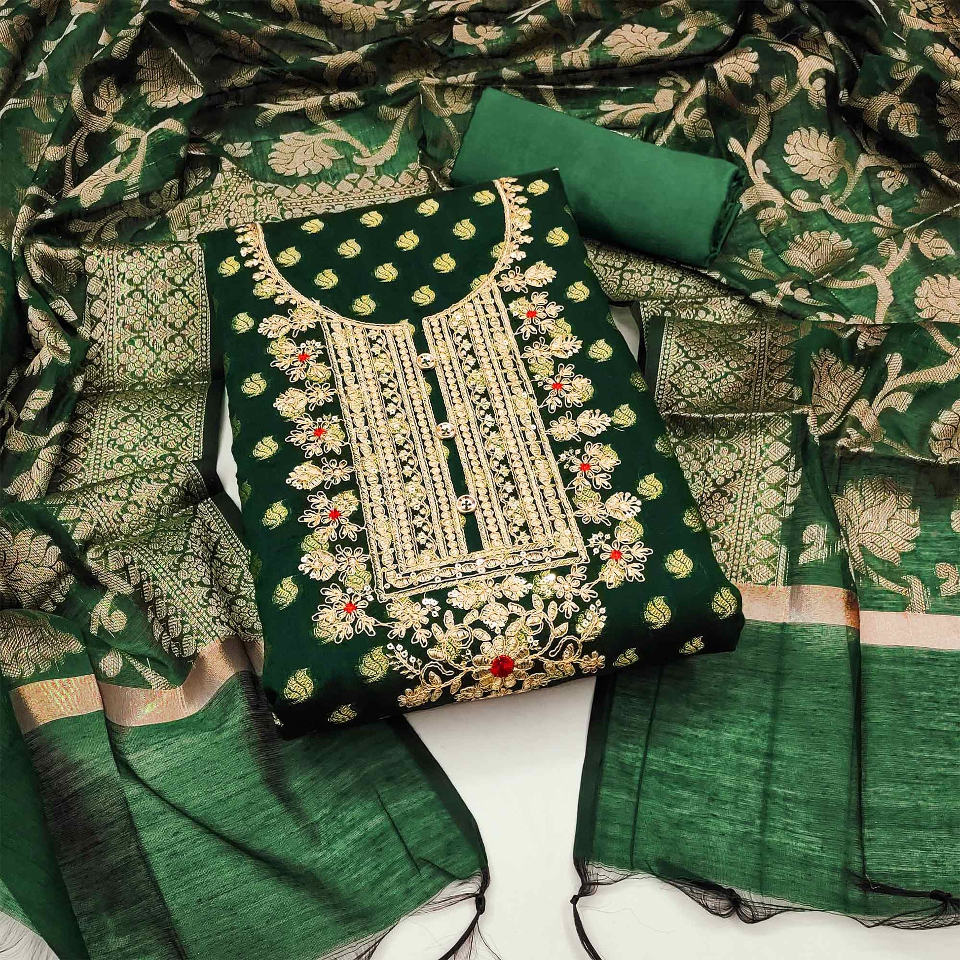 green-woven-with-embroidered-banarasi-silk-dress-material