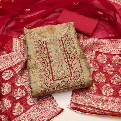 Chikoo Floral Digital Printed With Embroidery Viscose Dress Material