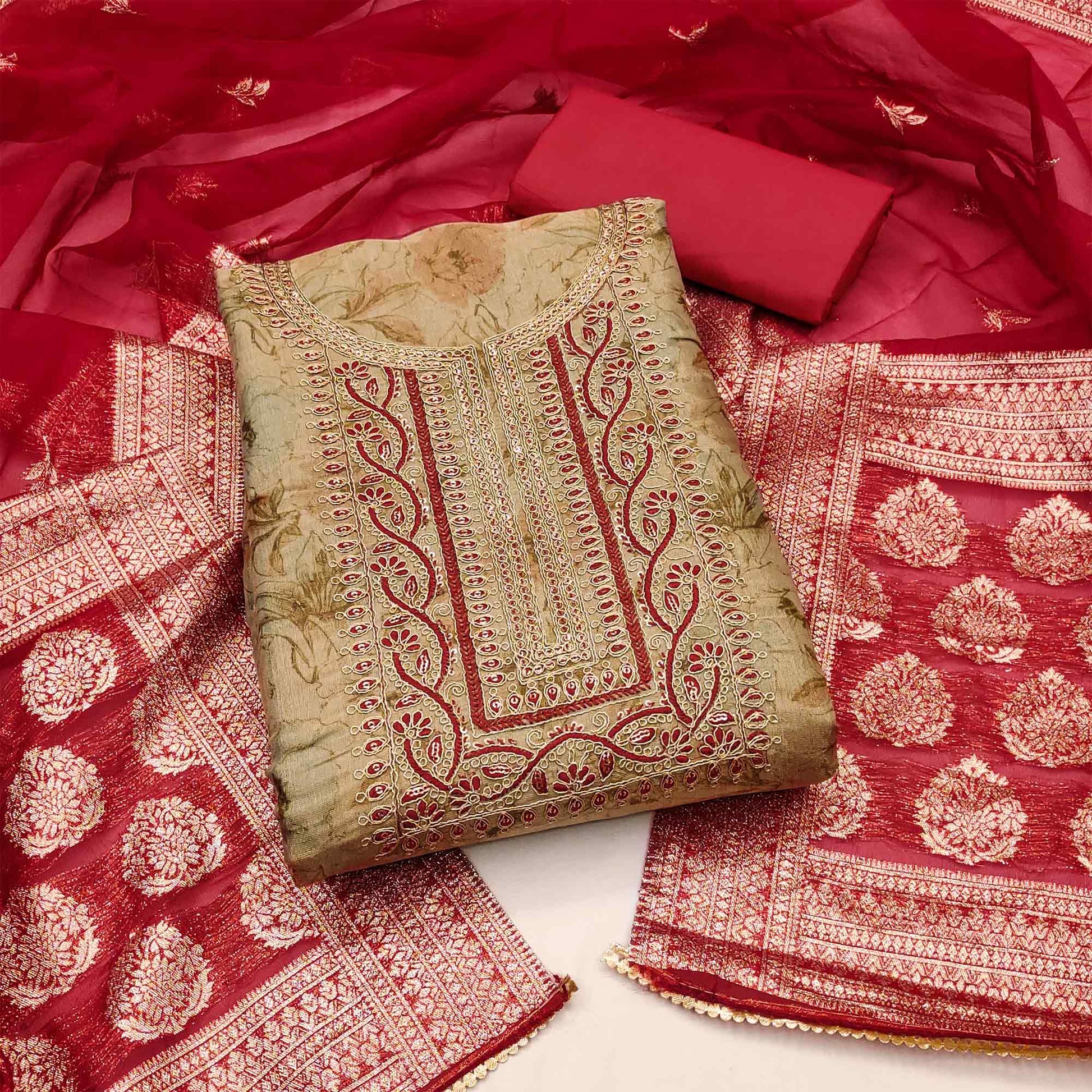 Chikoo Floral Digital Printed With Embroidery Viscose Dress Material