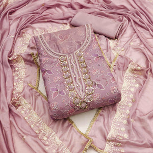 Mauve Floral Hand Embroidered Organza Dress Material