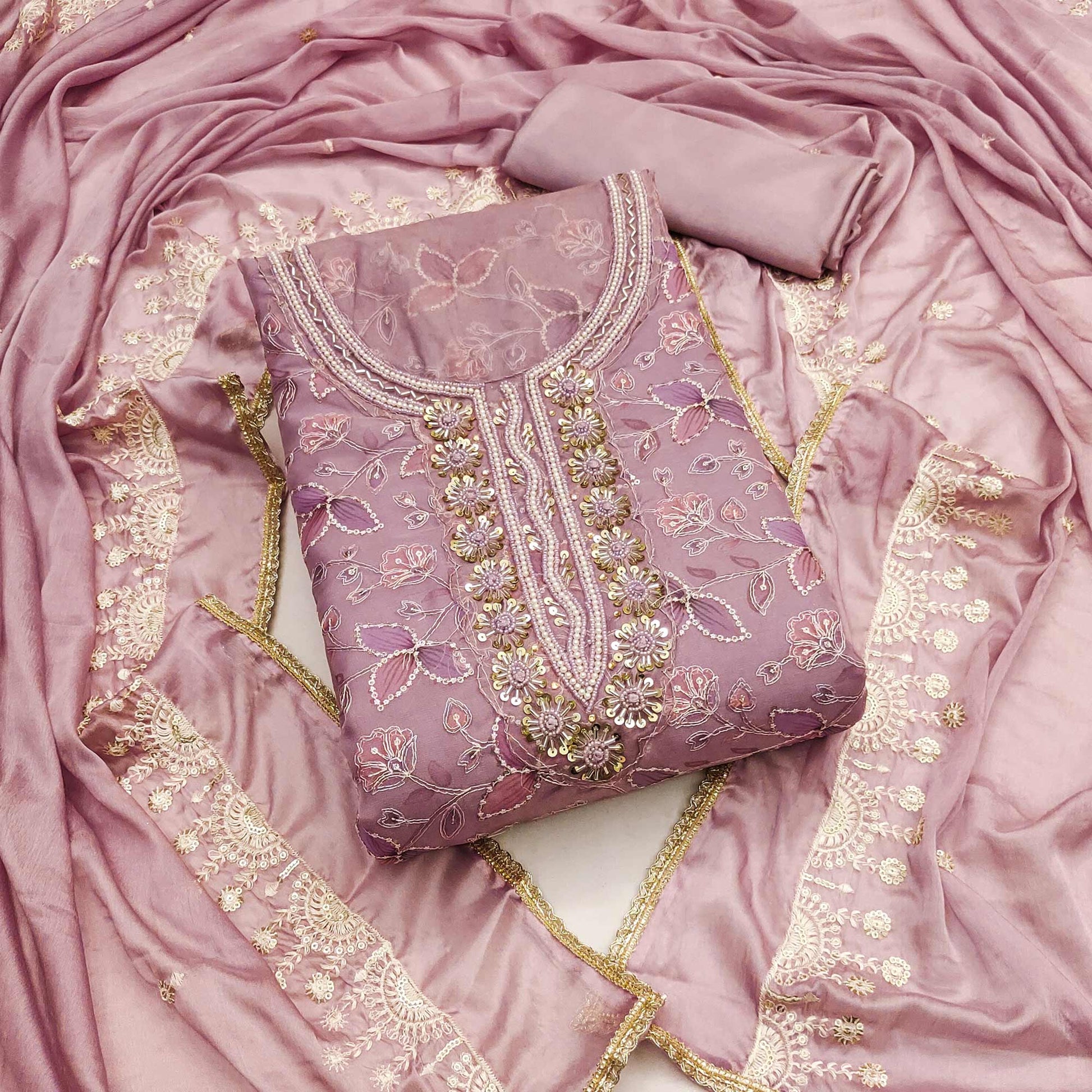 Mauve Floral Hand Embroidered Organza Dress Material