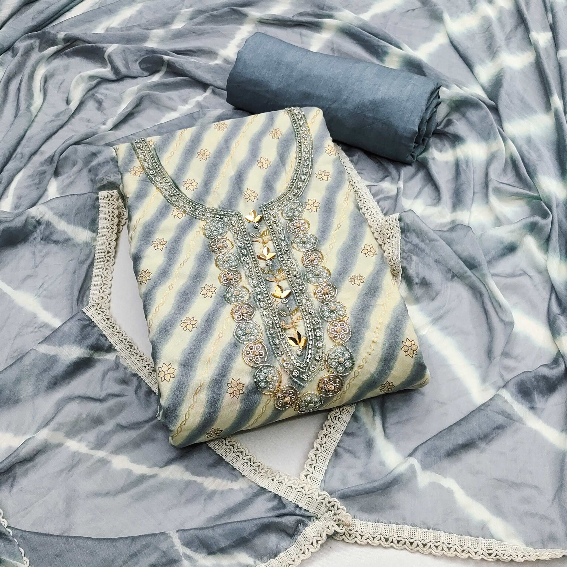 Grey Printed With Hand Embroidered Pure Cotton Dress Material