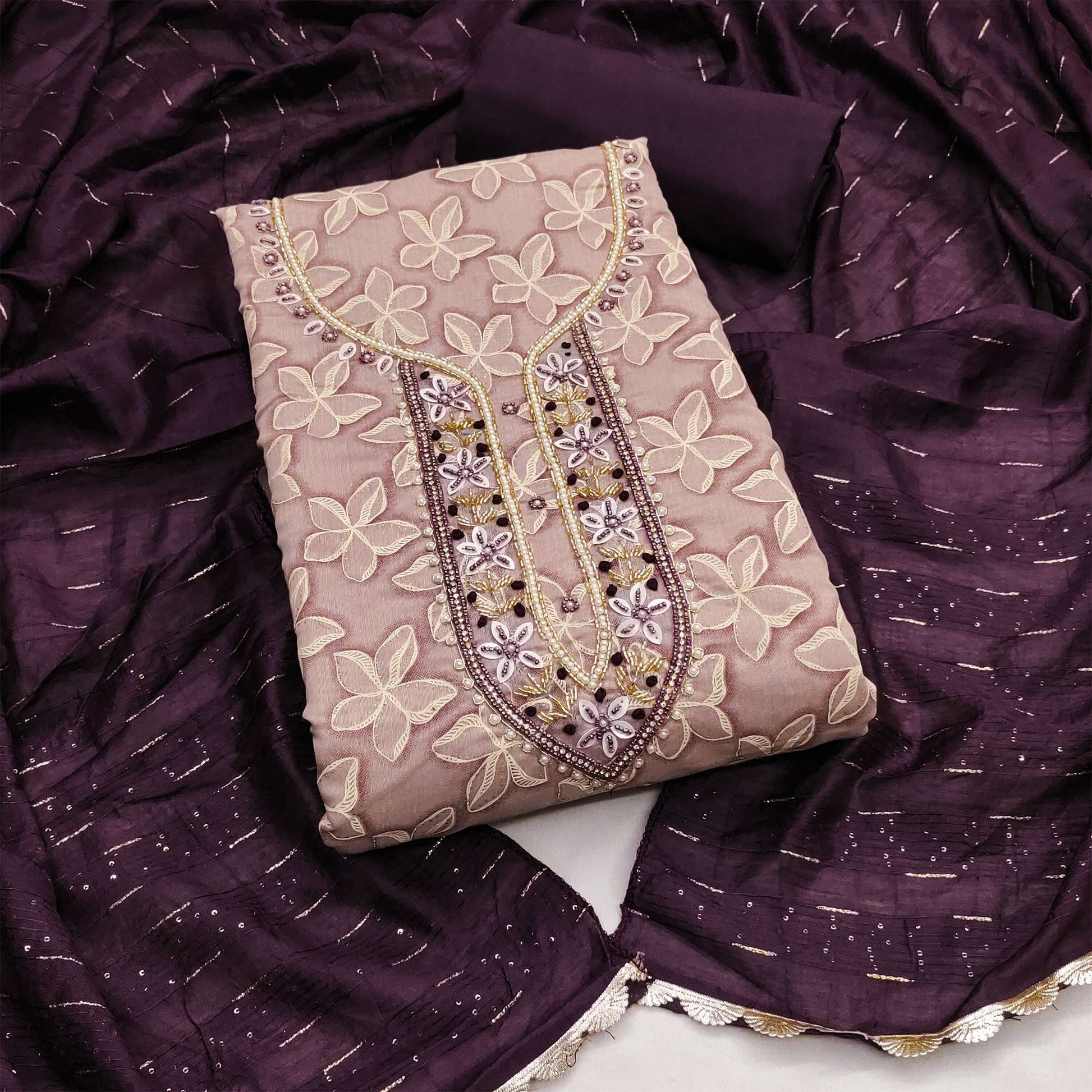 Light Mauve Floral Printed With Hand Embroidery Chanderi Dress Material
