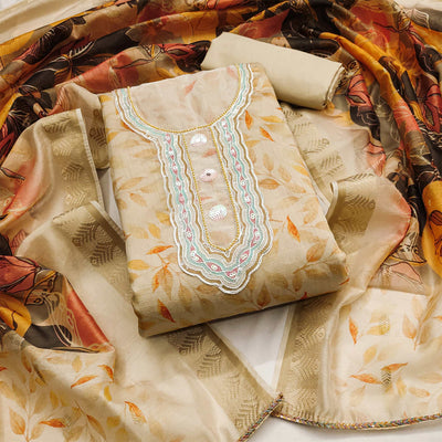 Chikoo Printed With Sequins Embroidered Chanderi Dress Material