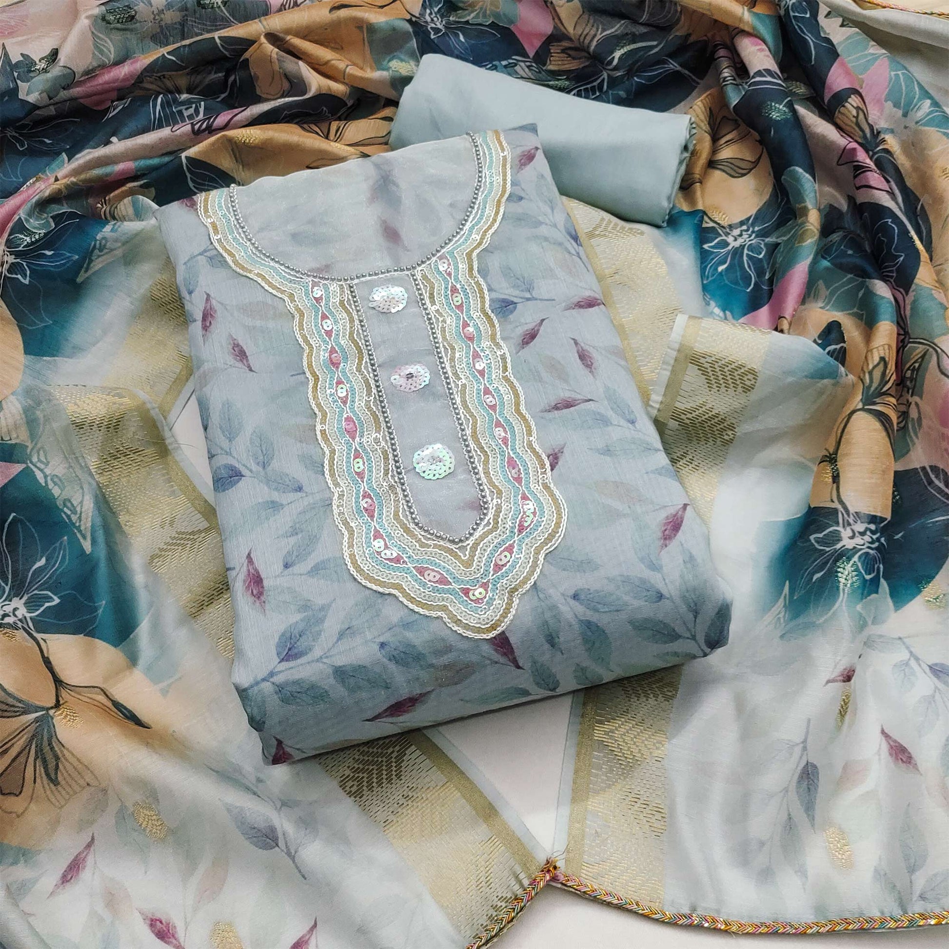 Grey Printed With Sequins Embroidered Chanderi Dress Material