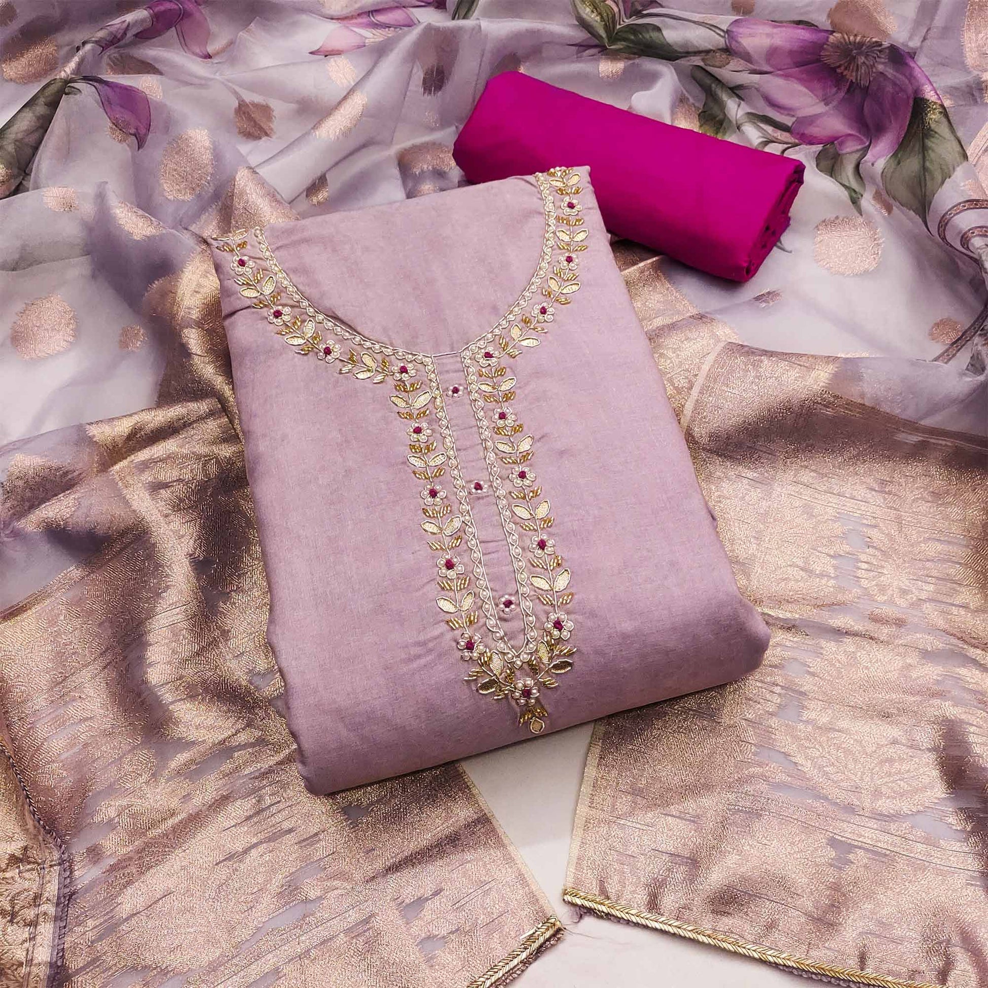 Light lavender Floral Digital Printed With Handwork Pure Cotton Dress Material