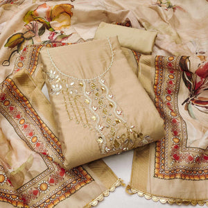 Chikoo Floral Hand Embroidery Chanderi Dress Material