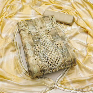 Cream Digital Printed With Hand Embroidery Chanderi Dress Material