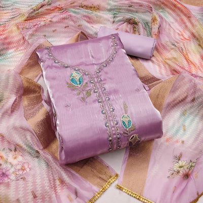 Light Purple Floral Embroidered Organza Silk Dress Material