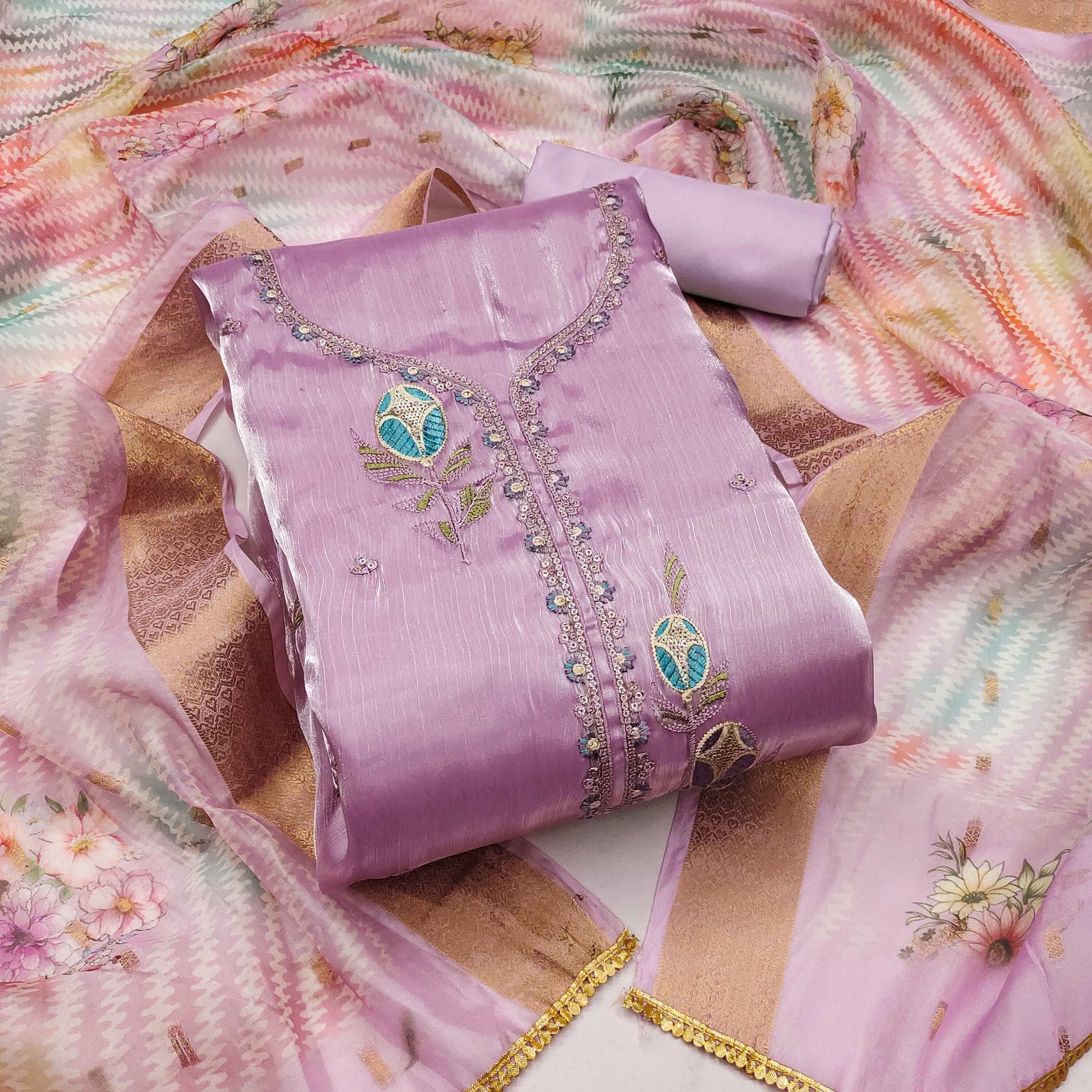 Light Purple Floral Embroidered Organza Silk Dress Material