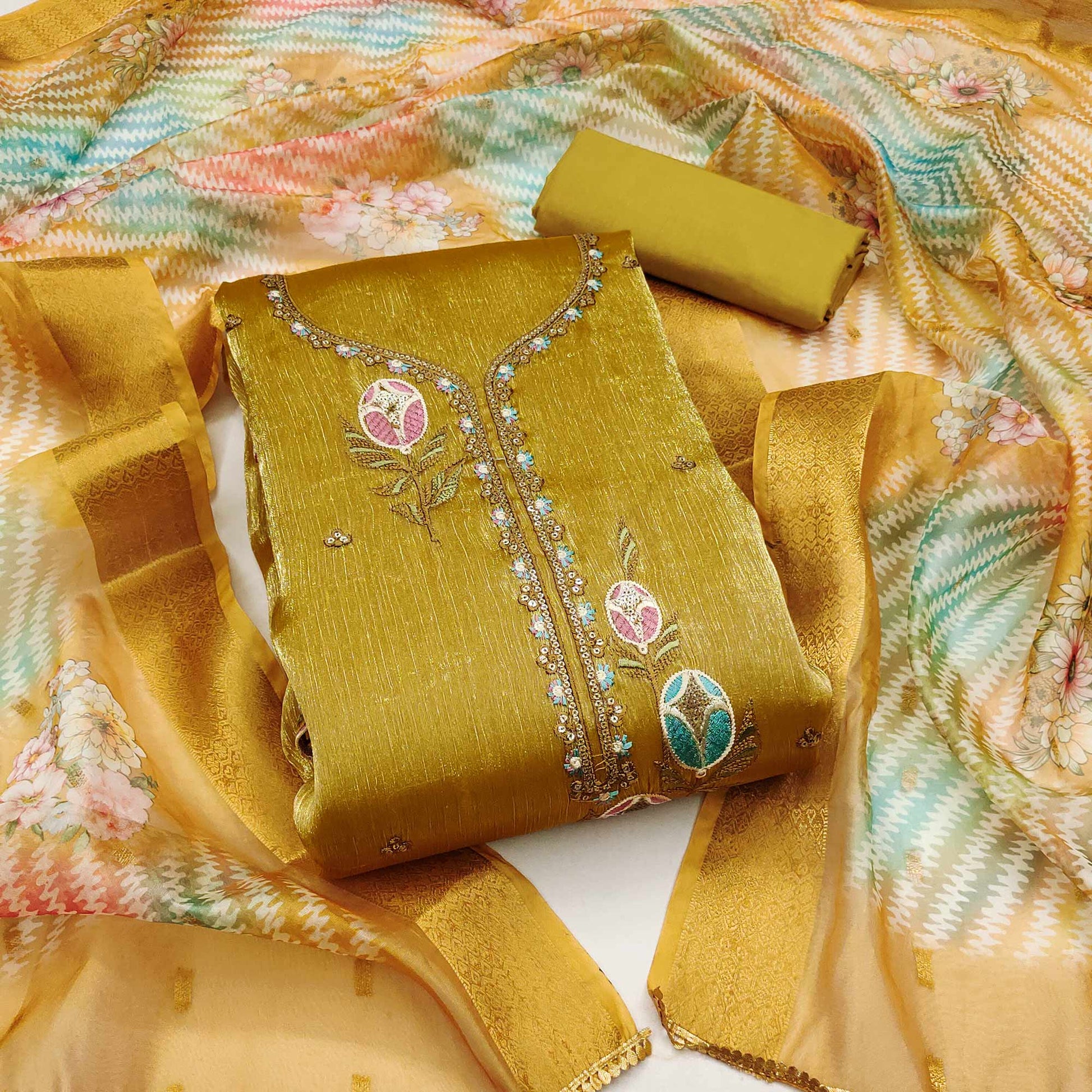Mehendi Green Floral Embroidered Organza Silk Dress Material