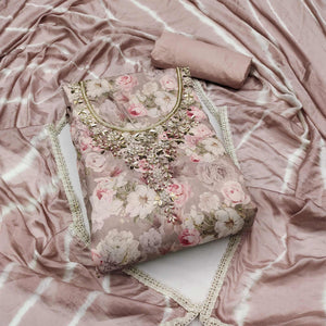 Dusty Peach Floral Digital Printed With Hand Embroidery Muslin Dress Material
