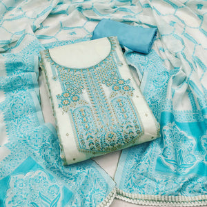 Blue Woven With Stone Work Muslin Dress Material
