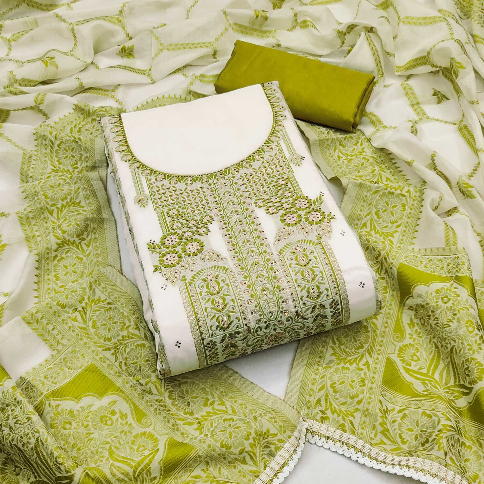 green-woven-with-stone-work-muslin-dress-material