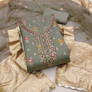 Grey Woven With Handwork Organza Dress Material