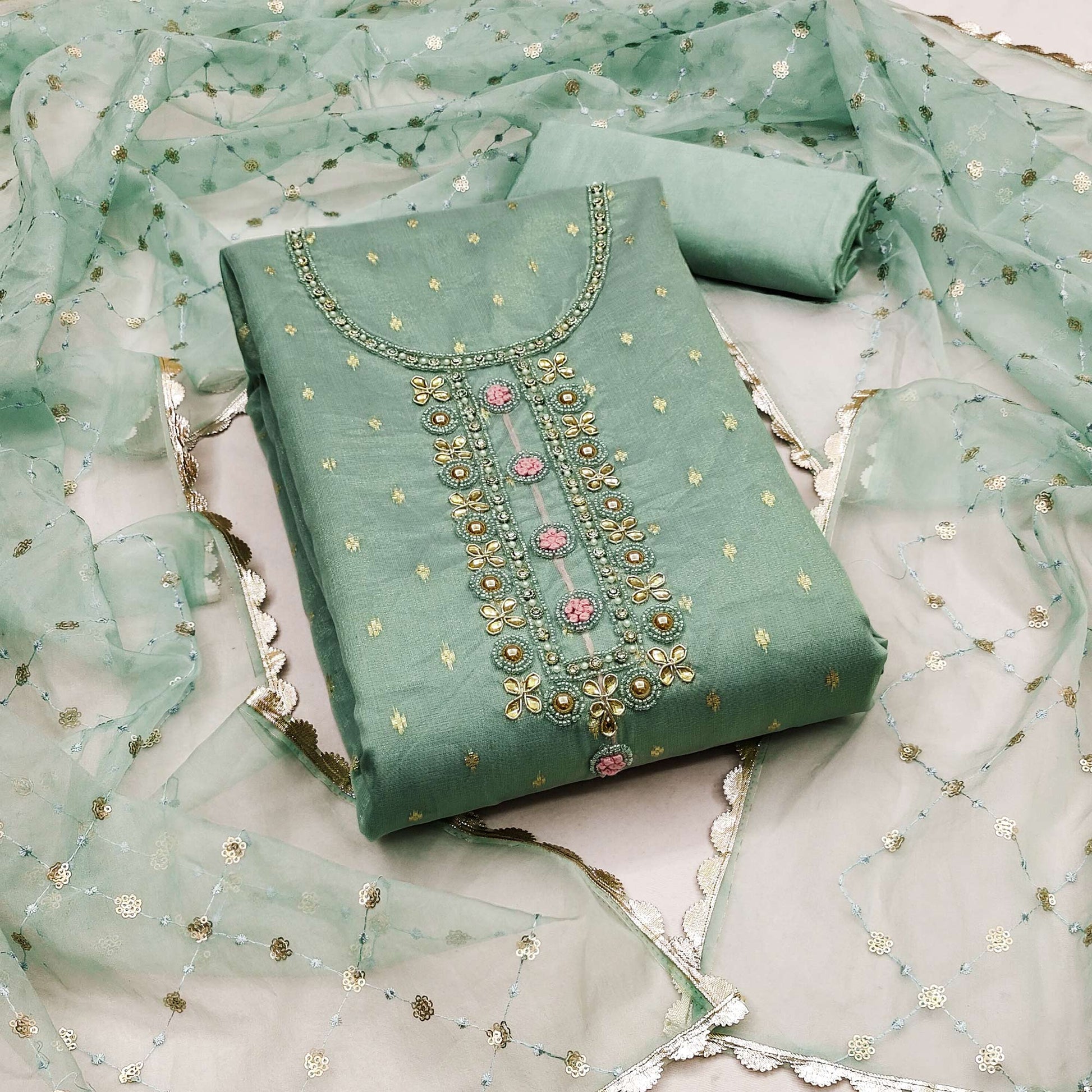 green-woven-with-handwork-organza-dress-material-3