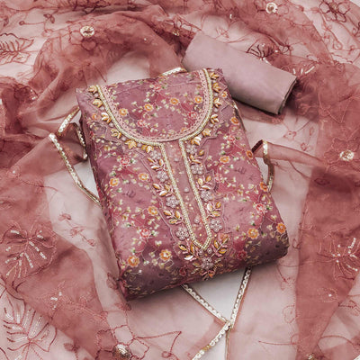 Mauve Floral Sequins Embroidery With Handwork Organza Dress Material