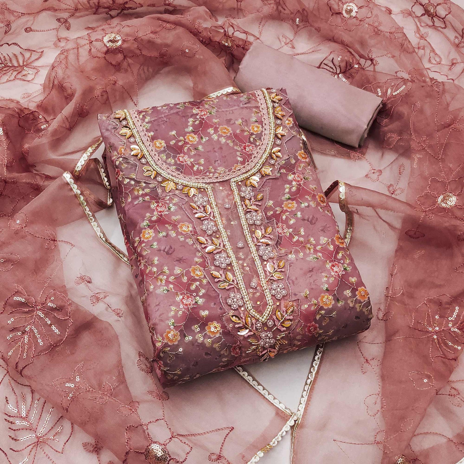 Mauve Floral Sequins Embroidery With Handwork Organza Dress Material