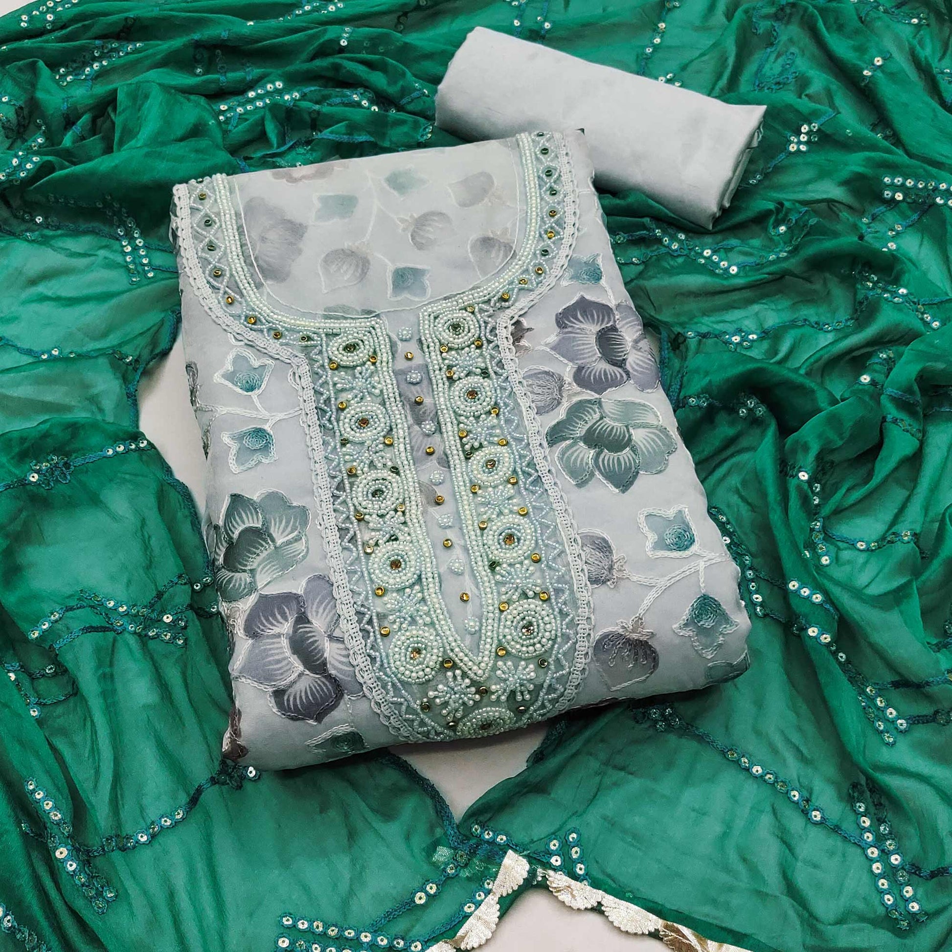 Light Grey Hand Embroidery With Digital Printed Organza Dress Material