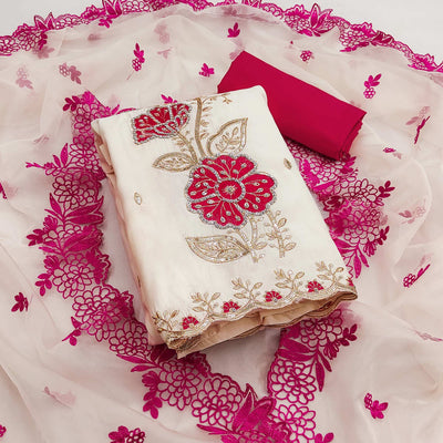 Cream Floral Hand Embroidered Cotton Silk Dress Material
