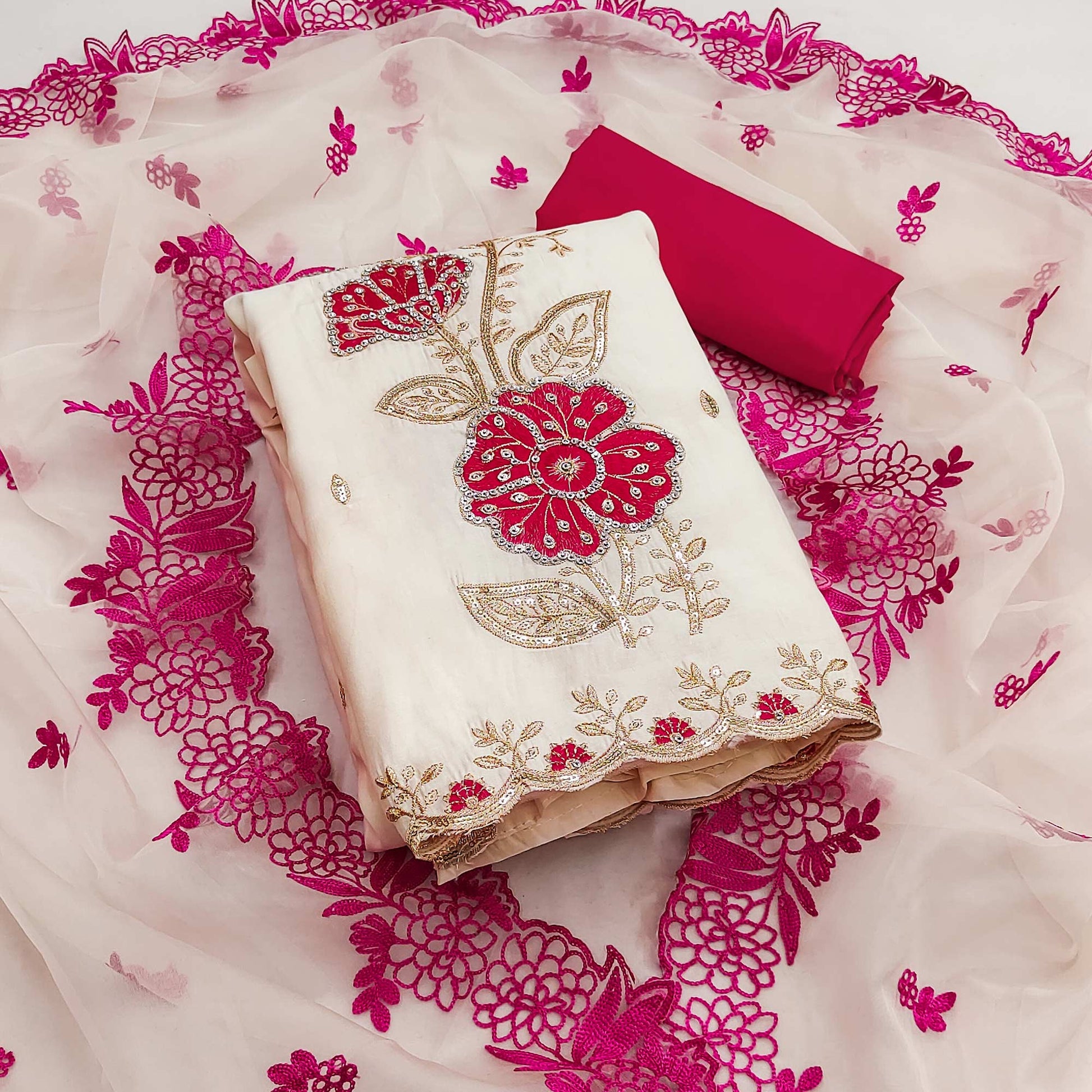Cream Floral Hand Embroidered Cotton Silk Dress Material