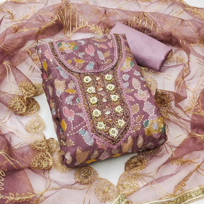 Mauve Floral Sequins Embroidery Organza Dress Material