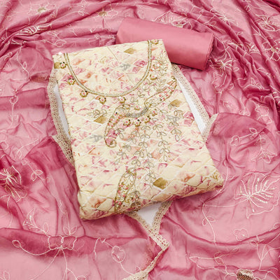 Cream & Pink Printed With Handwork Pure Cotton Dress Material