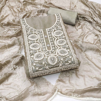 Light Grey Floral Sequins Embroidered Organza Dress Material